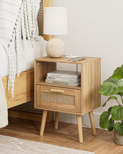Aienvey Rattan Nightstand with Charging Station, Small Night Stand, Side Table with Drawer Open Shelf, Cane Accent Bedside End Table with Wood Legs, Modern Nightstand for Bedroom, Oak (Modern)