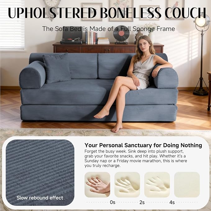 79'' Convertible Sofa Bed, 6 in 1 Folding Floor Futon Couch Sleeper with Fixed Frame, Corduroy Modular Sofa Bed with Removable Armrests & Pillows, No Assembly for Living Room Bedroom (Dark Gray)