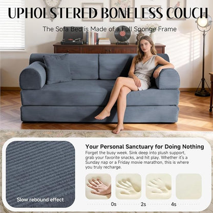 79'' Convertible Sofa Bed, 6 in 1 Folding Floor Futon Couch Sleeper with Fixed Frame, Corduroy Modular Sofa Bed with Removable Armrests & Pillows, No Assembly for Living Room Bedroom (Dark Gray)