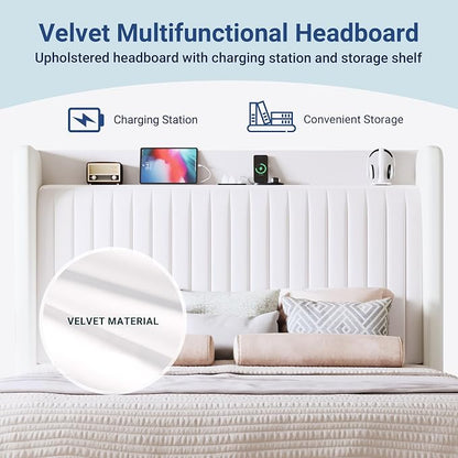 Allewie Queen Size Platform Bed Frame with USB Charging Station and Storage Shelf/Upholstered Velvet Wingback Headboard/Wooden Slats Support/No Box Spring Needed/Easy Assembly, White