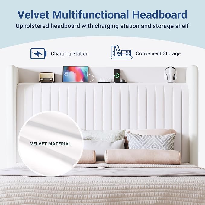 Allewie Full Size Platform Bed Frame with USB Charging Station and Storage Shelf/Upholstered Velvet Wingback Headboard/Wooden Slats Support/No Box Spring Needed/Easy Assembly, White