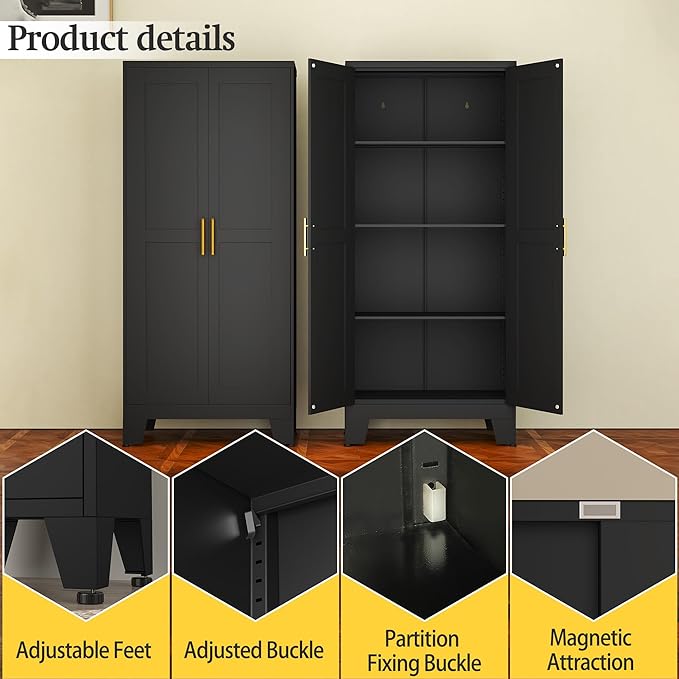 Black Metal Storage Cabinet, 61" Steel Cabinets for Home Office | Kitchen Pantry Storage Cabinet with Doors and 3 Adjustable Shelves, Metal Tool Cabinet, for Office, Home, Garage, School