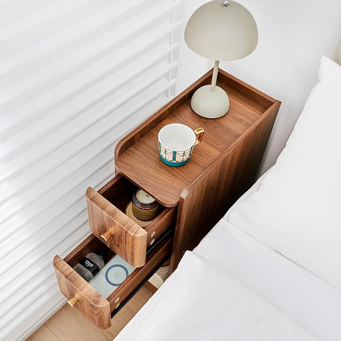 Narrow Nightstand Set of 2, Wooden Small 2 Drawer Nightstand, Slim Side End Table, Skinny Bedside Table, Mid Century Modern Night Stand with Drawers, for Living Room (Walnut 2-2 pcs)