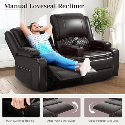 Yolsali Loveseat Recliner Sofa, Manual Wall Hugger Reclining Loveseat with Removable Armrest, 2-Tier Cushions, USB Ports & Cup Holders, RV Couch for Travel Trailers/Living Room, Brown