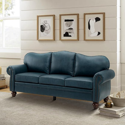81" Genuine Leather Sofa, Classic 3-Seater Couchs with Wood Legs, Stylish & Comfortable Sofa for Living Room or Office, Easy Assembly and Maintain & Long-Lasting, Turquoise