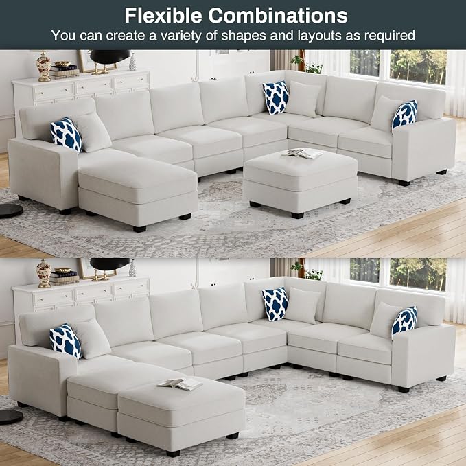 Legend Vansen Oversized Modular Sectional Sofa,U/L‑Shaped Reversible Couch with Ottoman,Deep Seat Plush Polyester Sofa for Living Room,9‑Seater,Cream