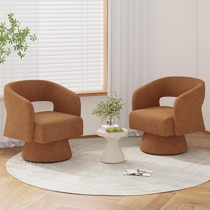Luxanimarion Swivel Barrel Accent Chair,Oversized Chenille Upholstered Round Swivel Chair,Modern Luxury 360 Degree Living Room Vanity Chair for Bedroom Office,Khaki,2PCS
