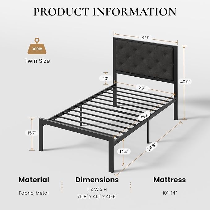 SHA CERLIN Twin Size Metal Bed Frame with Linen Tufted Headboard, Dark Gray | Modern Design Heavy-Duty Platform Bed, No Box Spring Need, Linen Fabric Upholstery, Noise Free, Easy Assembly