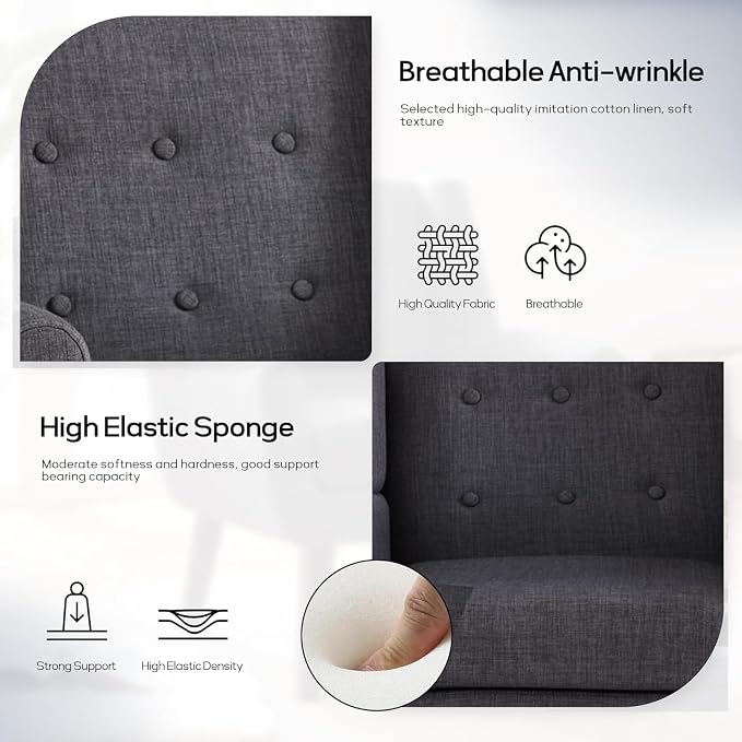 HUIMO Accent Chairs Set of 4, Upholstered Button Tufted Armchair, Linen Fabric Sofa Chairs for Bedroom, Living Room, Mid Century Modern Comfy Reading Chair (4 PCS, Grey)