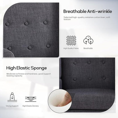 HUIMO Accent Chairs Set of 4, Upholstered Button Tufted Armchair, Linen Fabric Sofa Chairs for Bedroom, Living Room, Mid Century Modern Comfy Reading Chair (4 PCS, Grey)