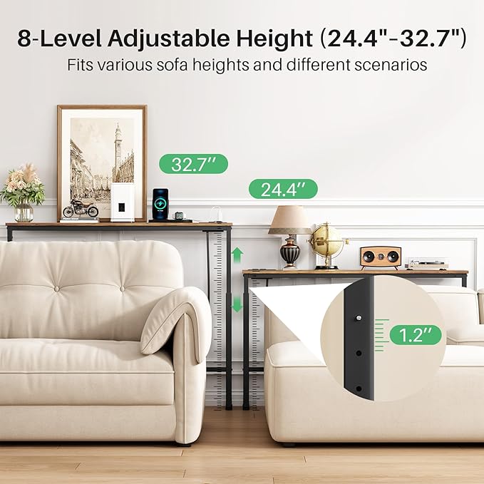 Kitstorack Narrow Console Table Behind Sofa Couch, Design with Adjustable Height (25"-33") & Power Outlets, Small Entryway Table - 5.9" D x39.4 L, Rustic Brown