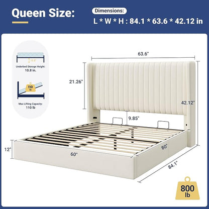 Allewie Queen Size Lift Up Storage Bed Frame, Hydraulic Support System, Upholstered Platform Bed Frame, Underneath Storage, Vertical Channel Tufted Headboard with Wingback, No Box Spring Needed, Cream