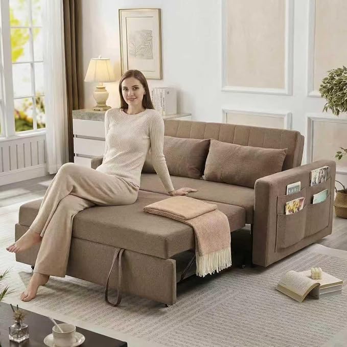 55.5" Fabric Convertible Sofa Bed, Pull Out Sleeper Sofa Bed, Loveseat Couch with Side Pocket, 3 in 1 Convertible Sleeper Sofa Bed for Living Room, Apartment, Bedroom, RV, Brown