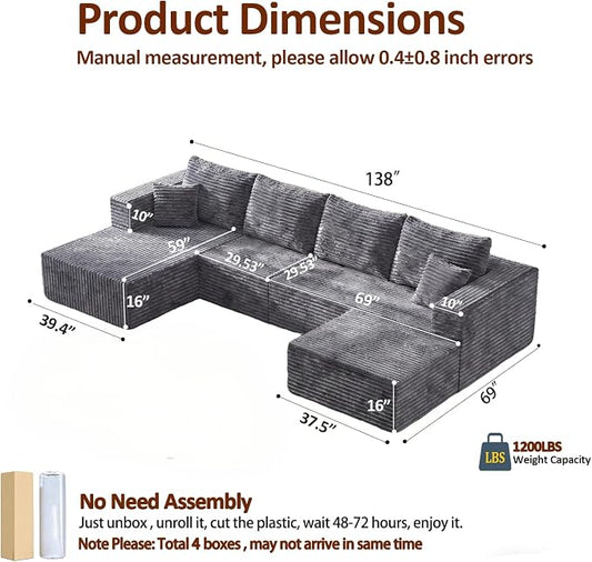 138" Modern Modular Sectional Sofa, U-Shaped Cloud Couch, Soft Corduroy Boneless Couch with 3060 High Rebound Memory Foam, Sectional Couches for Living Room-Grey(Left Facing Chaise)