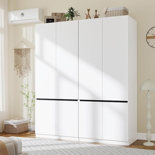 White Armoire Wardrobe Closet: 74" Wooden Wardrobe Closet with 4 Doors, Bedroom Armoires with Hanging Rod, Tall Closets Cabinet for Hanging Clothes (63")