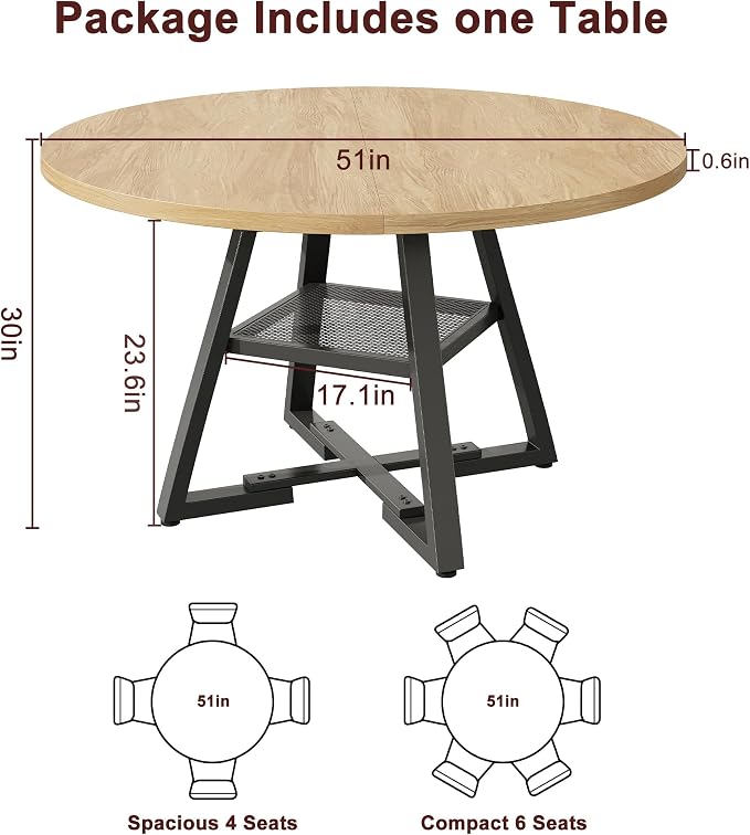 Jocoevol 51'' Round Dining Table for 6,Kitchen Dining Room Circle Dinner Pedestal Table,Space Saving Wood Kitchen & Dining Room Furniture (Natual Wood, 51In)