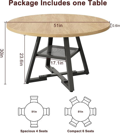 Jocoevol 51'' Round Dining Table for 6,Kitchen Dining Room Circle Dinner Pedestal Table,Space Saving Wood Kitchen & Dining Room Furniture (Natual Wood, 51In)