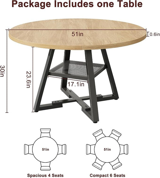 Jocoevol 51'' Round Dining Table for 6,Kitchen Dining Room Circle Dinner Pedestal Table,Space Saving Wood Kitchen & Dining Room Furniture (Natual Wood, 51In)