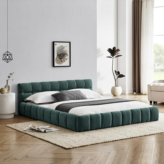 KEIKI Queen Thick Chenille Platform Bed Frame with Upholstered Tufted Headboard, Modern Solid Wood Floor Platform for Bedroom, No Box Spring Needed