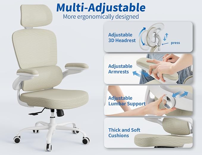 TRALT Ergonomic Office Chair - Desk Chair with Adjustable Headrest Lumbar Support Computer Chair - Mesh Comfy Chair with Flip-up Armrests - Gaming Chairs for Adults Home Office (Leather, Beige)