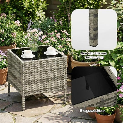 3 Piece Outdoor Patio Furniture Set, All-Weather PE Rattan Wicker Chairs with Waterproof Cushions & Tempered Glass Side Table, Modern Conversation Set for Garden, Backyard, Porch, Poolside, Gray/Blue