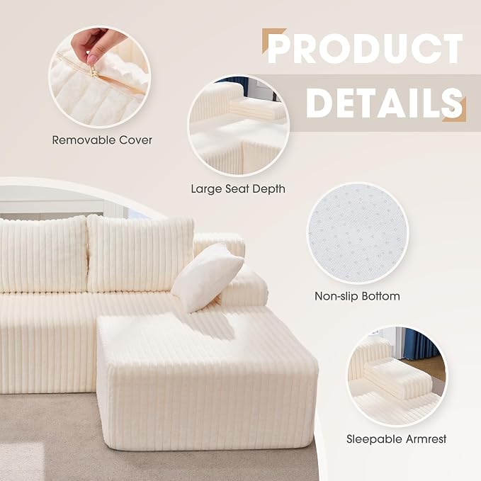 Hobestluk Boneless Couch Modular Sectional Sofa for Living Room Furniture | 98" Right Facing Chaise White,Memory Foam,Removable Cover,Non-slip Bottom,No Assemble Required,Furniture for Apartment