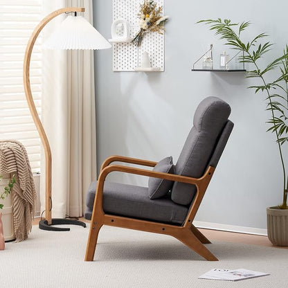 Karl home Accent Chair High Back Mid-Century Modern, Gray | Linen Fabric Upholstered, Walnut Color Solid Rubber Wood Frame, Soft Cushion with Pillow, For Living Room, Bedroom, Balcony
