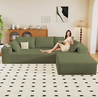 96" Modular Sectional Couch, Boneless L Shaped Cloud Sofa with Chaise Lounge, Corduroy Upholstered Couches Memory Foam Deep Seat, No Assembly Required, Ideal for Living Room(Green, Right Facing)