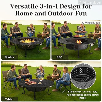 Outdoor Fire Pit, 48" Fire Pit for Outside Wood Burning with Adjustable 2 Grills, Firepit with Lid and Fire Poker, BBQ, Bonfire, Round Outdoor Fireplace 3 in 1 for Patio, Backyard, Garden, Camping