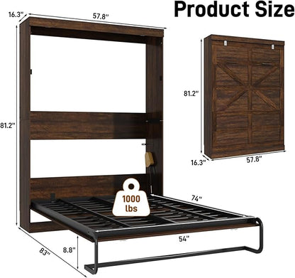 Hlivelood Full Size Murphy Bed with 2 LED Lights, Farmhouse Wood Hidden Foldable Wall Bed Frame w/Gas Struts, Storage Bed Cabinet for Bedroom, Office, Space-Saving, No Box Spring Needed, Brown