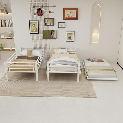 Livavege Detachable Bunk Bed Twin Over Twin with Trundle, Heavy Duty Bunk Beds for 3 Kids/Teens/Adults with Safety Guardrails & Ladder, Space Saving 3 Metal Bed Frame for Bedroom, Dorm, White