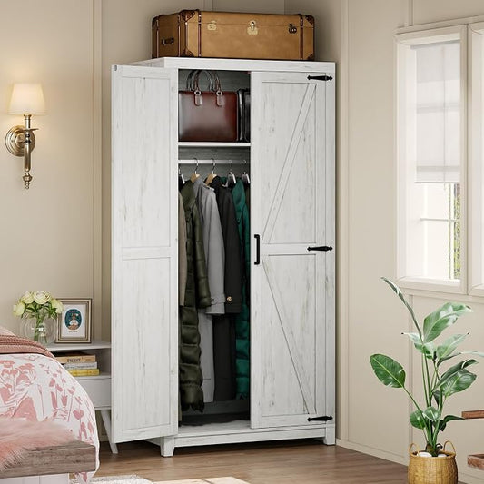 LUXOAK 70" Large Armoire Wardrobe Closet with Hanging Rod, Farmhouse Clothing Storage Cabinet with 2 Barn Doors, Wooden Tall Bedroom Armoires with Shelf, Distressed White