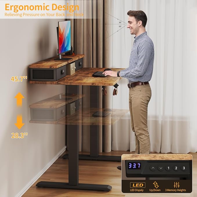 Electric Standing Desk Adjustable Height - 40 Inch Sit Stand Desk with Storage Drawers , Small Standing Desks with Shelf Monitor Stand, Kids Girls Computer Desks for Bedroom Home Office, Rustic Brown