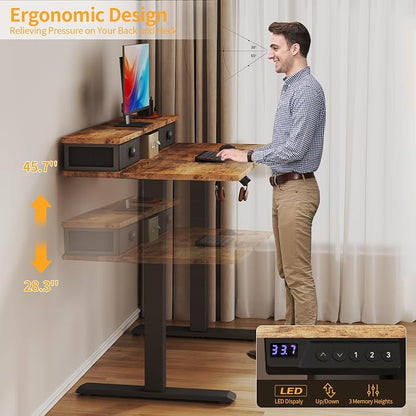 Electric Standing Desk Adjustable Height - 40 Inch Sit Stand Desk with Storage Drawers , Small Standing Desks with Shelf Monitor Stand, Kids Girls Computer Desks for Bedroom Home Office, Rustic Brown