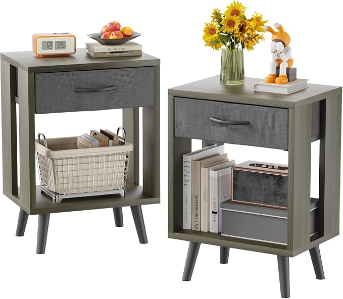 GYIIYUO 24" H Nightstands Set of 2 with Fabric Drawer, Gray | Open Wood Shelf, Side Table with Storage for Bedroom, Spacious 15.7"L x 11.8"W x 24"H Top Fits Lamp + Books, Stable Frame