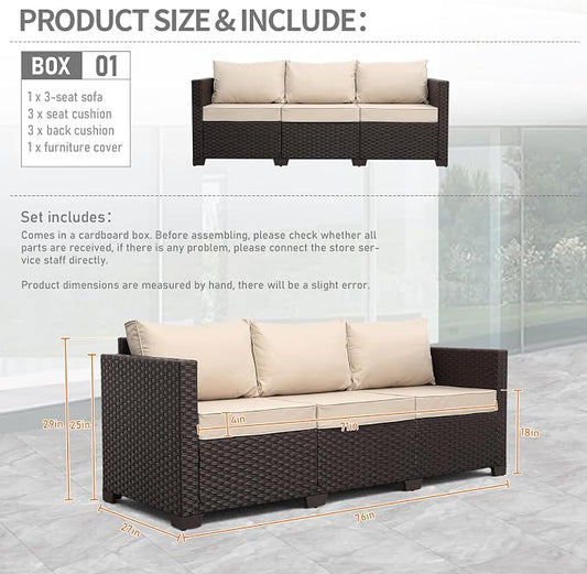 Rattan Star Outdoor Furniture Couch 3 Seater Sofa Outdoor Brown Wicker Sofa Deep Seat High Backrest Patio Couch with Non-Slip Cushions Waterproof Cover, Khaki