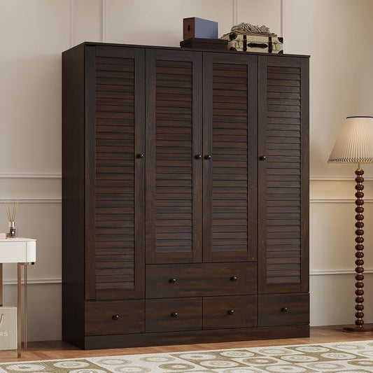 Wardrobe Armoire with 4 Louvered Doors, Wardrobe Closet for Bedroom with Hanging Rod & 5 Drawers, Bedroom Armoire Dresser Clothes Organizer, Dark Walnut (59.1" W x 19.1" D x 70.5" H)