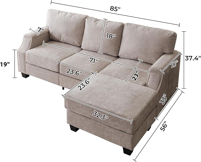 Rexulqo 85'' L Shaped Couch with Armrest Organizer,Comfy 3 Seats Sofa with Storage Ottoman,Chenille Sectional Couches for Living Room,Bedroom,Apartment,Sofa Set with Oversized Chair,Khaki