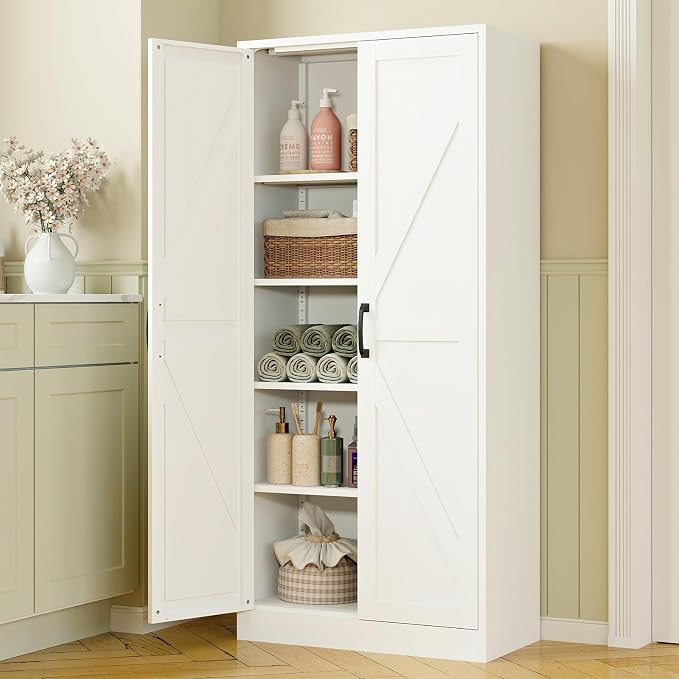 RAVIGIN Farmhouse Storage Cabinet,61" H Metal Pantry Cabinet with Barn Doors and Adjustable Shelves,61" H 4-Tier Rustic Pantry Organizers for Kitchen,Dining Room,White