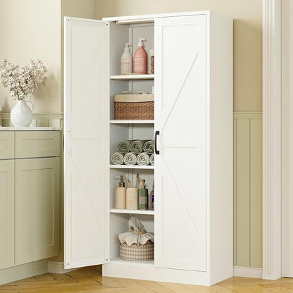 RAVIGIN Farmhouse Storage Cabinet,61" H Metal Pantry Cabinet with Barn Doors and Adjustable Shelves,61" H 4-Tier Rustic Pantry Organizers for Kitchen,Dining Room,White