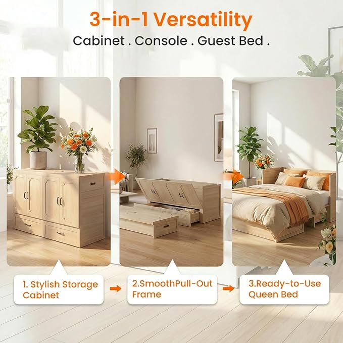 CECER Queen Murphy Bed with Mattress for Small Space/Guest-Natural Wood | Large Storage Drawer ＆ Built-in Multi-Port Charging Station，Space Saving ＆ Easy Assemble and Conversion