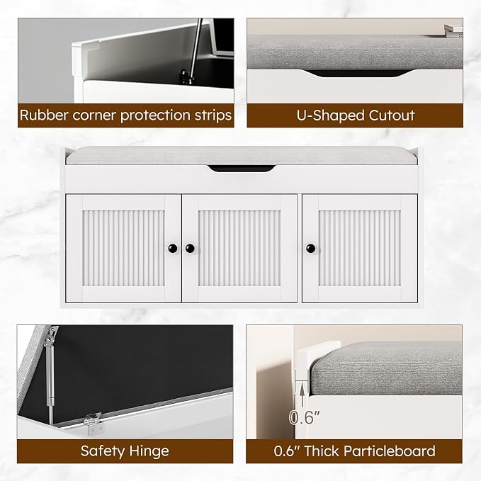 40" Storage Bench - Entryway Shoe Bench with 3 Doors and Top Storage Area, Multifunctional Entryway Bench with Lift Top Cushion, Shoe Storage Bench for Bedroom, Living Room, White