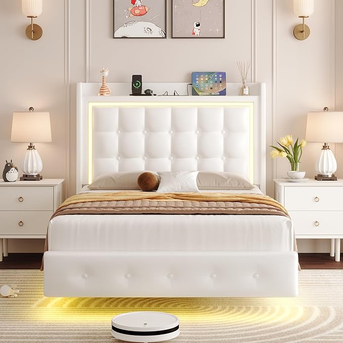 Keyluv Twin Floating Bed Frame with Storage Headboard, LED Lights & Charging Station Platform Bed, Soft Upholstered PU Leather, USB/Type-C Ports, Easy Assembly, White