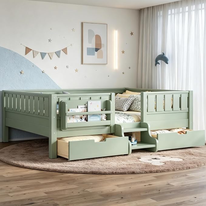 Bellemave Full Size Bed Frame with Storage Drawers & Bookshelf, Low Profile Kids Bed with Staircase & Full Length Guardrails, Solid Wood Full Size Bed Frame Kids with Slats Load 550 LBS, Green