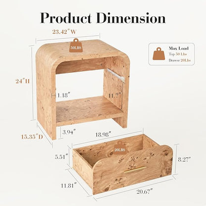Night Stand Set of 2 [Unique Curved Profile] [FSC-Certified Wooden Board] 1-Drawer and 1 Storage Shelf Nightstand 24" H Metal Handle Modern Bedside Table Side Table End Table