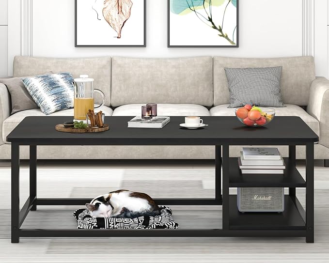 EXCEFUR Black Coffee Table, Rustic Wood Living Room Table with Storage Shelf, Modern Rectangle Center Table, 47 Inch