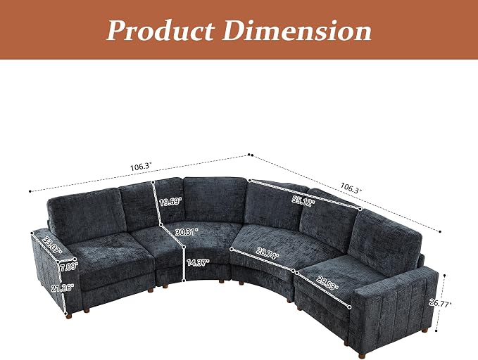 ORRD Curved Sectional Sofa, Convertible L Shaped Couch with Deep Seat, Boucle Modular Sectional Sofa with Pillows, Curved Chenille Comfy Corner 4 Seat Couch for Living Room, Black Blue