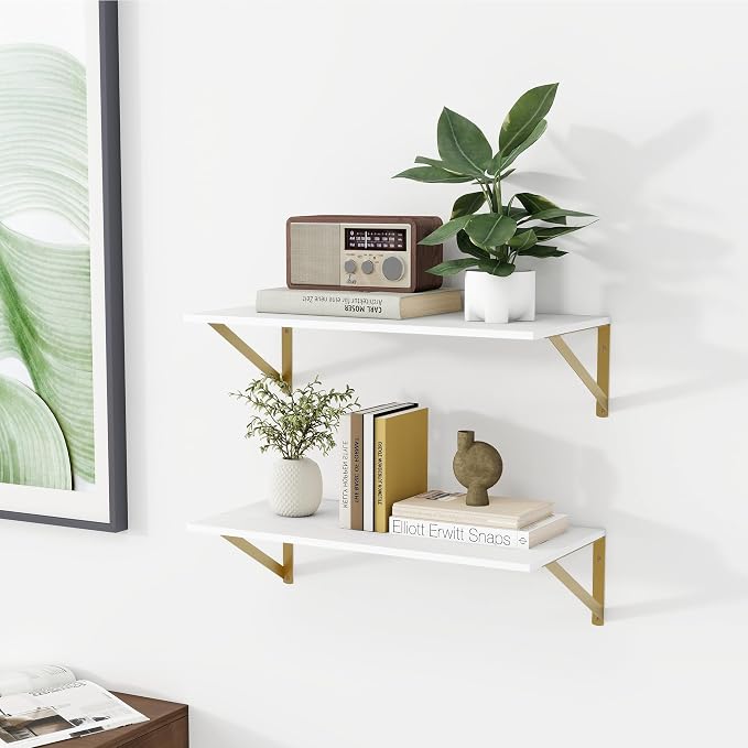 Heimlove Deep Floating Shelves for Wall, 24W x 12D Wood Wall Shelves Set of 2, Wide Floating Bookshelf for Living Room, Kitchen, Office, Bedroom and Decor Storage, with Golden Bracket - White & Gold
