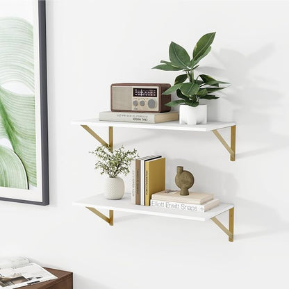 Heimlove Deep Floating Shelves for Wall, 24W x 12D Wood Wall Shelves Set of 2, Wide Floating Bookshelf for Living Room, Kitchen, Office, Bedroom and Decor Storage, with Golden Bracket - White & Gold