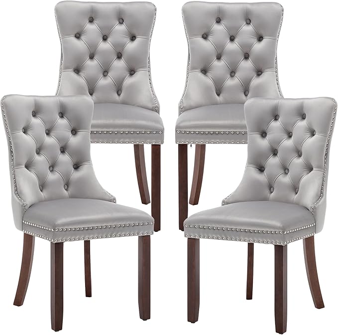 Mid Century Modern Dining Chair Set of 4 Velvet Upholstered Dining Accent Chair Farmhouse Dining Chairs with High Back and Nailhead Trim for Kitchen, Living Room, Bedroom (Light Gray)